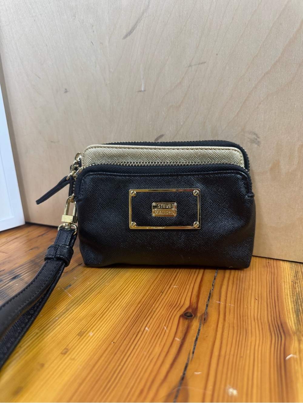Steve Madden Black and Gold Zip Wristlet